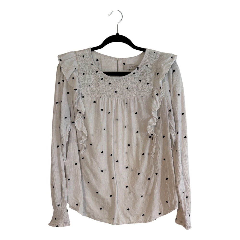LOFT Blouse White M Womens Heart Print Ruffle Smocked Swiss Dot Long Sleeve